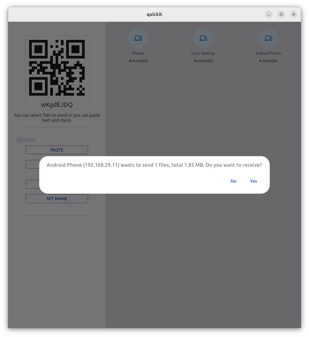 Image of home screen with accept dialog in Quickit app.